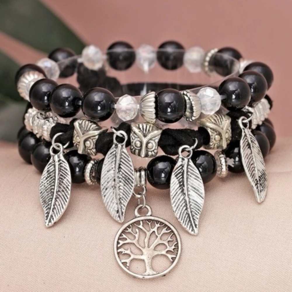 3-piece Black and Silver Tone Beaded Stretch Bracelets NEW